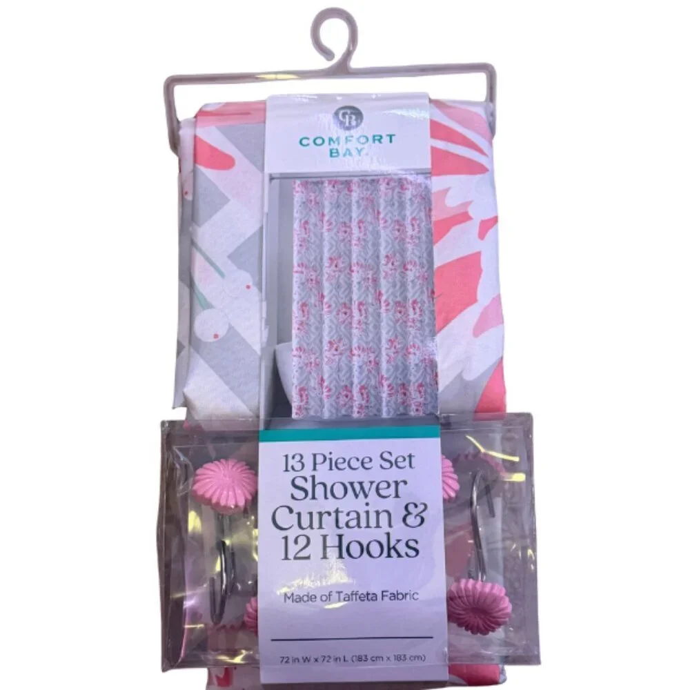 Comfort Bay 13-Piece Shower Curtain Set – Pink Chrysanthemum Floral with 12 Hook